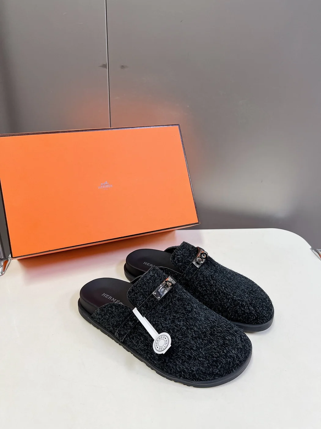 Hermès Women Black Fuzzy Fabric Mules product view 5