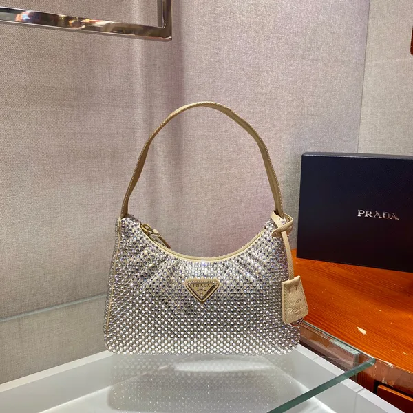 Prada Sparkling Hobo Bag 23 In Beige Nylon Attached Fully Crystals product photo