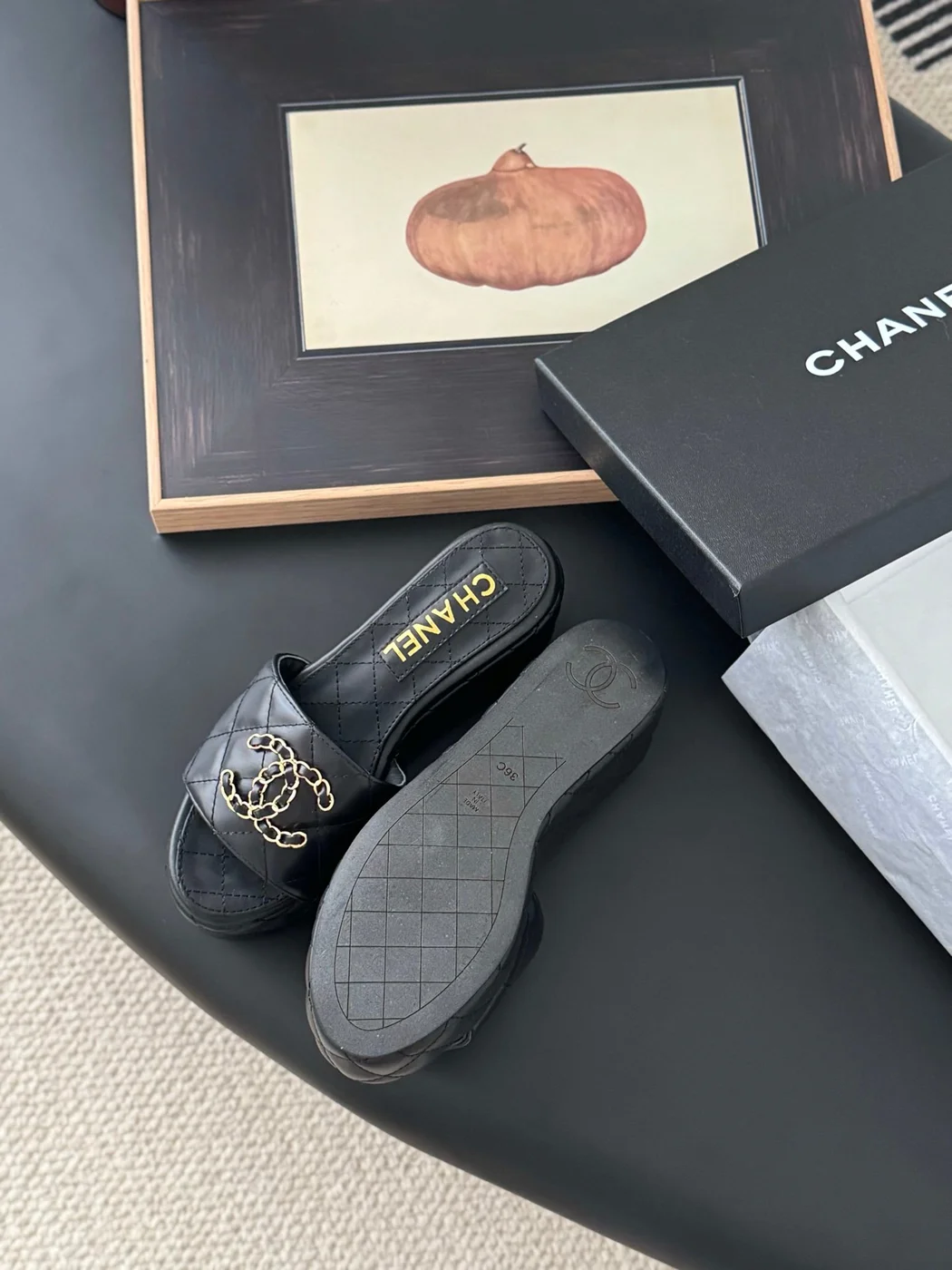 Chanel Women Black Leather Quilted Slides — Chain-Woven CC Detail product view 5