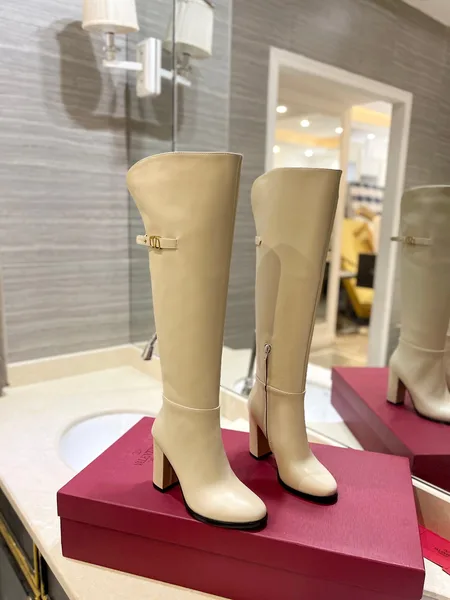 Valentino Women Beige Leather Knee High Boots product photo