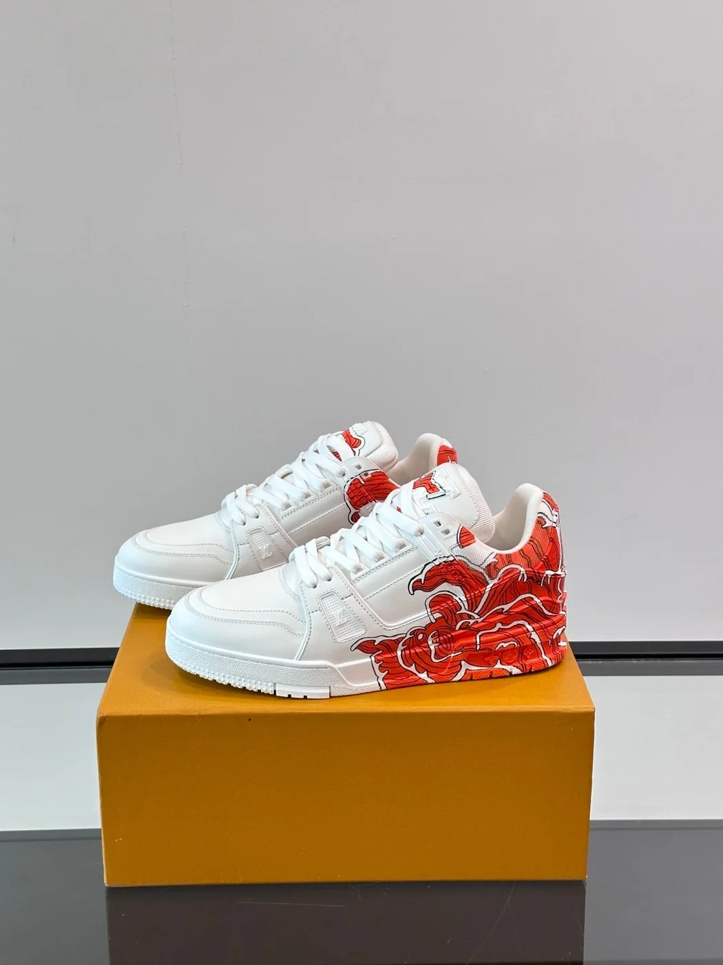 Louis Vuitton Men White Leather Sneakers With Red Floral Design product view 3