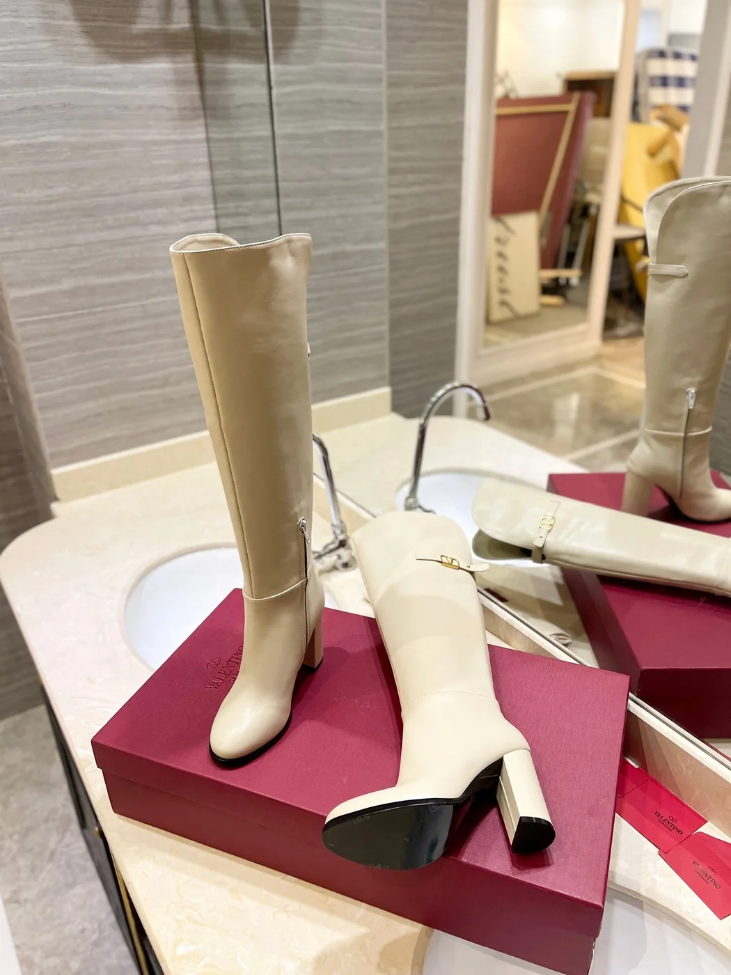 Valentino Women Beige Leather Knee High Boots product view 7