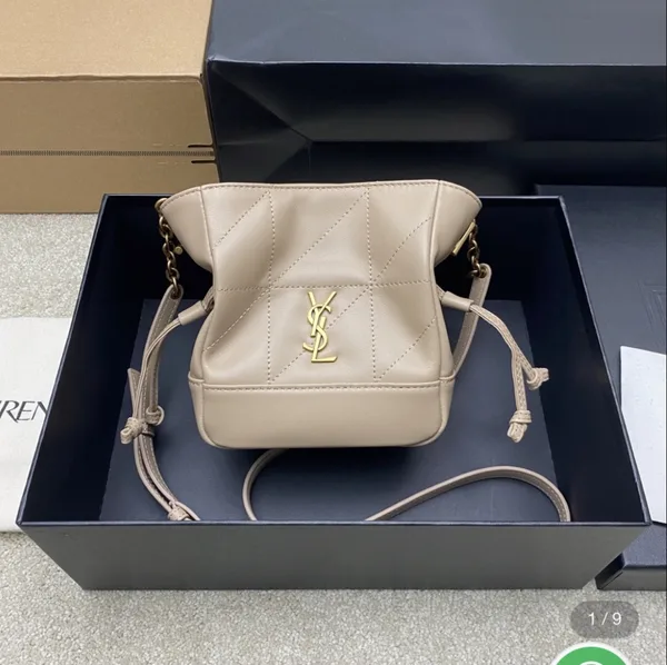 Saint Laurent Jamie mini shoulder pouch in beige lambskin leather. product photo