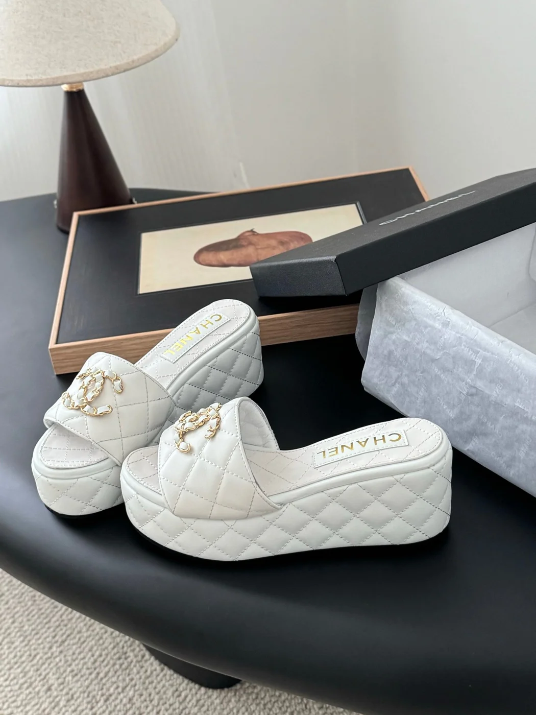 Chanel Women White Quilted Leather Slides — Chain-Woven CC Detail product view 5