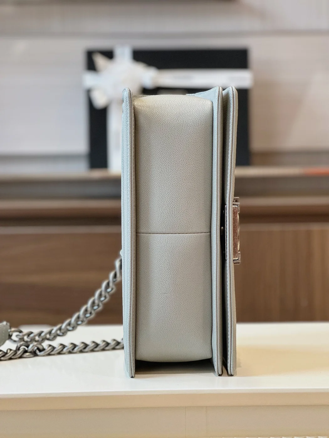 Chanel Boy Medium Handbags Grey Leather With Silver Lock 25 cm product view 3