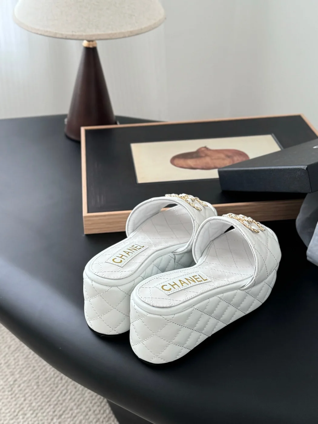 Chanel Women White Quilted Leather Slides — Chain-Woven CC Detail product view 2