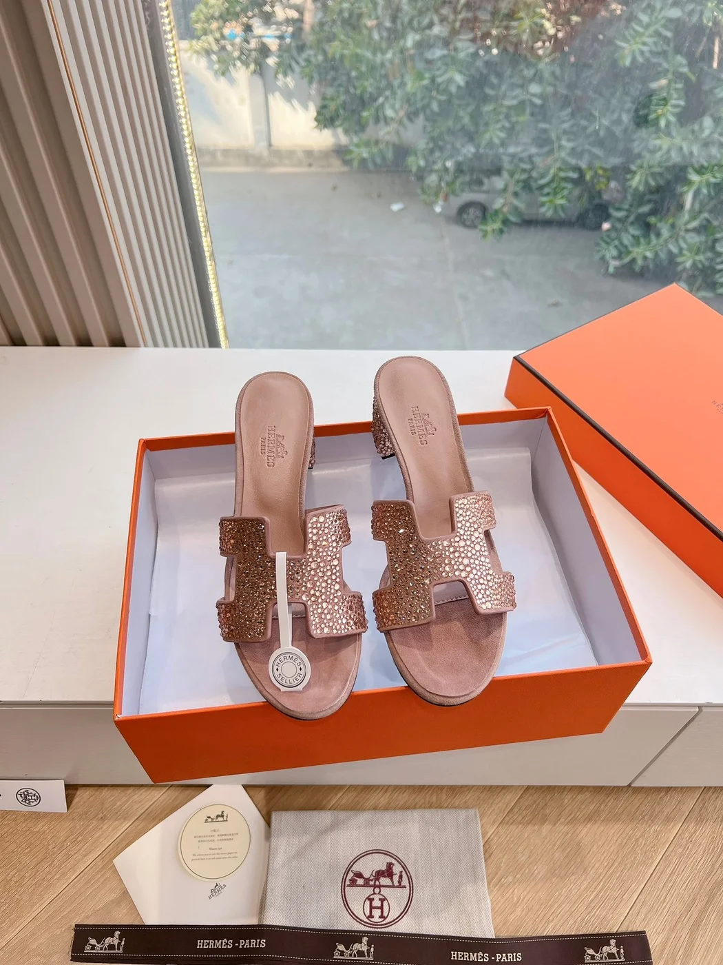 Hermès Women Pink Suede Crystal-Embellished Mules product view 3