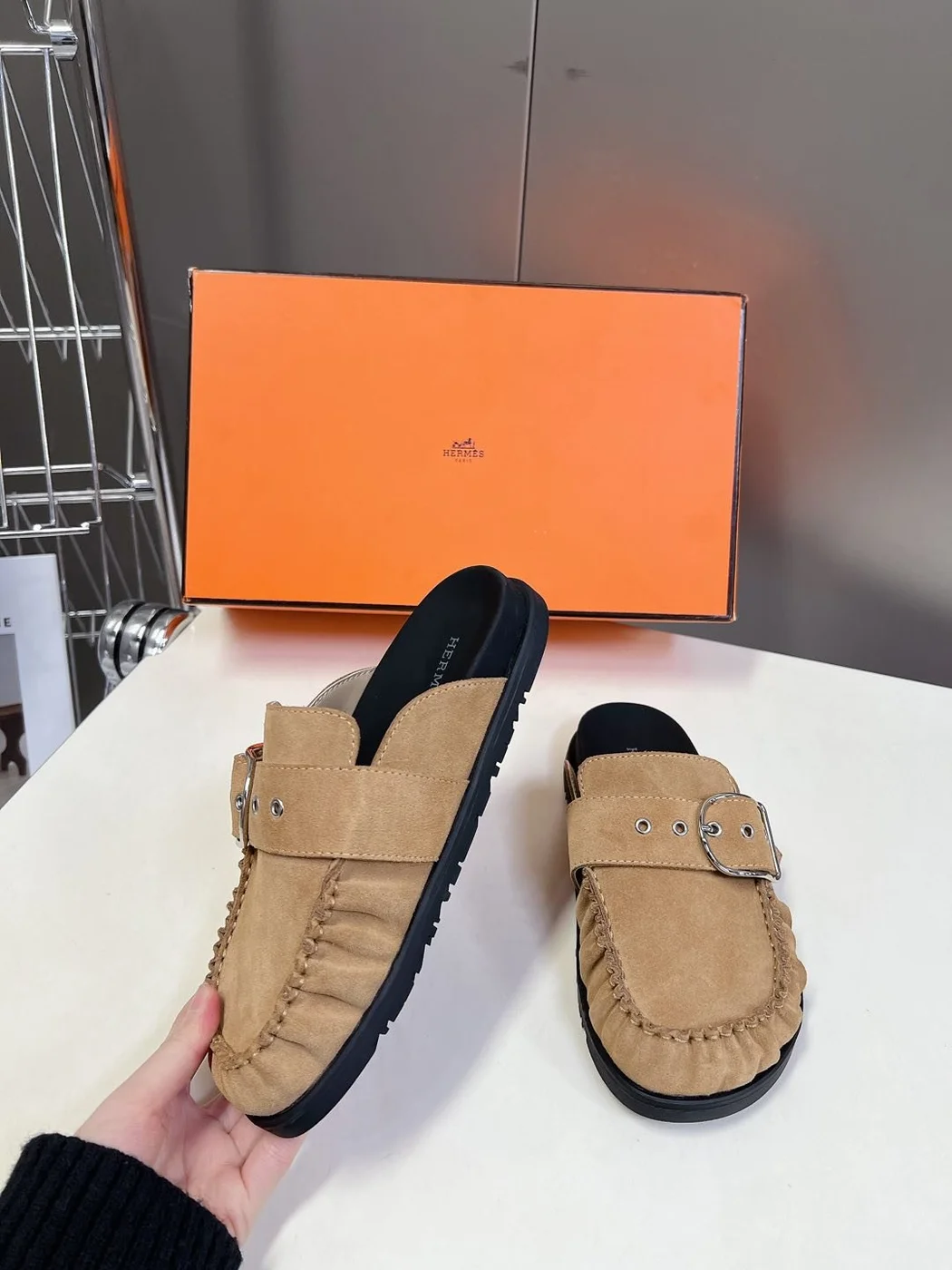 Hermès Women Suede Buckle Mules — Tan Brown product view 3