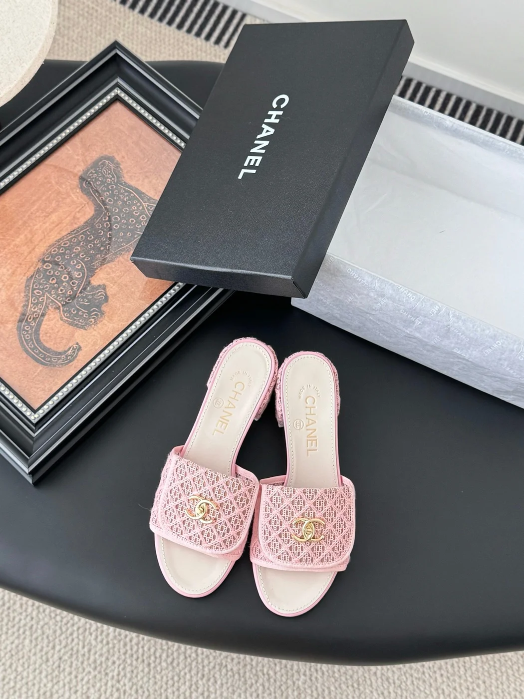 Chanel Women Pink Woven Leather Slides product view 1