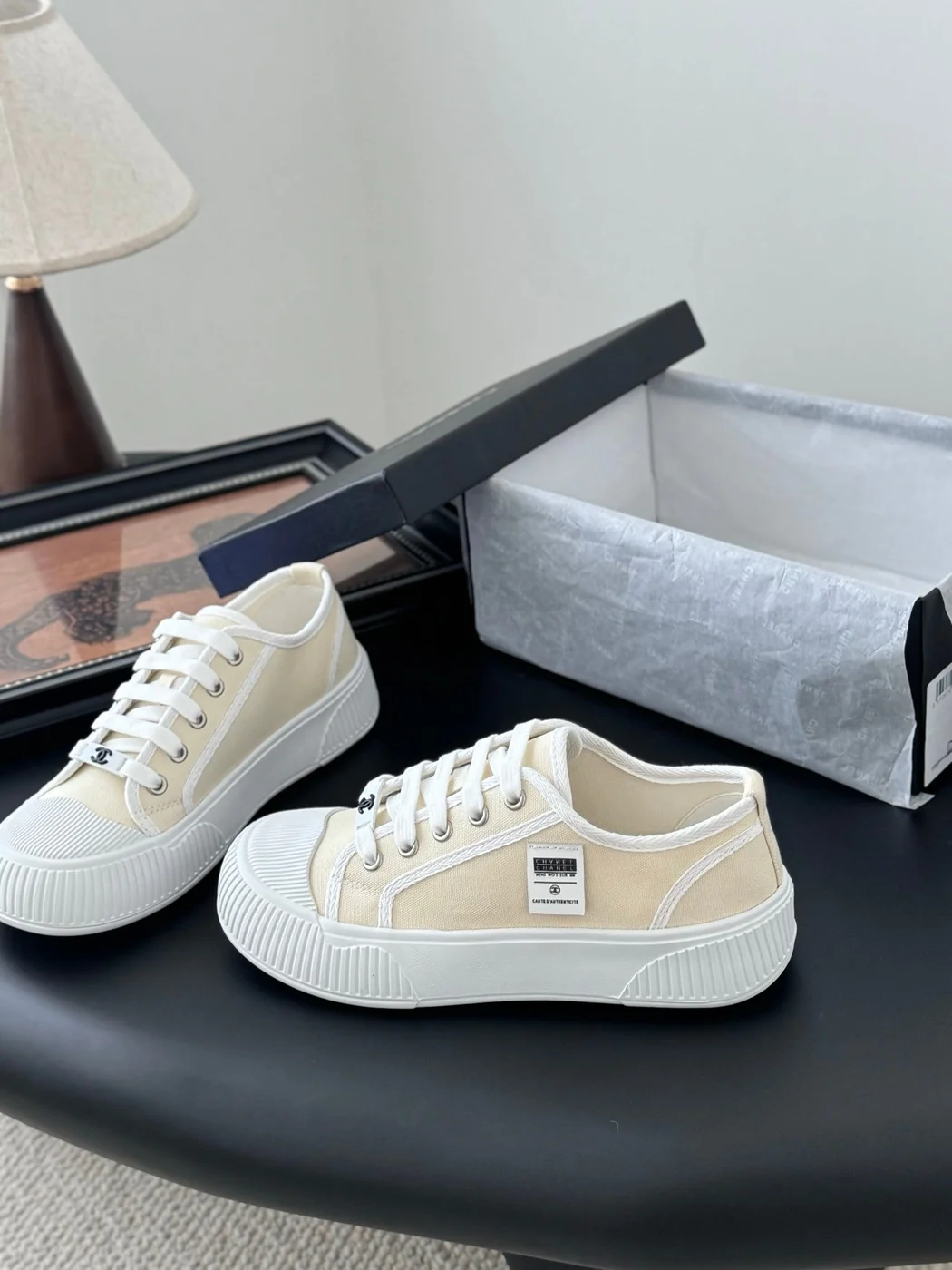 Chanel Women White Canvas Lace-Up Sneakers product view 2