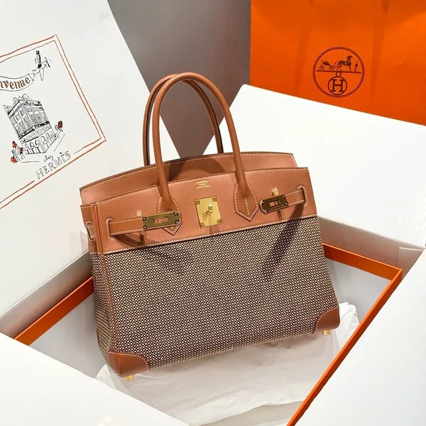 Hermès Birkin 30 cm In Gold Swift And Black/White/Brown Toile Canvas Bag product photo