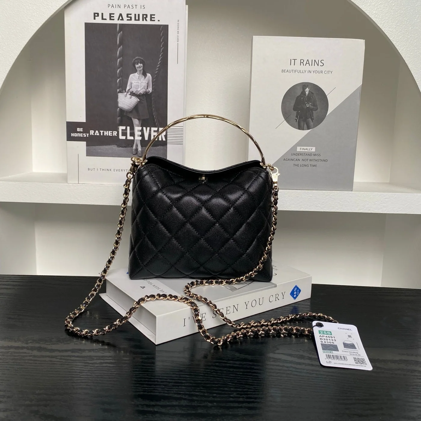 Chanel 24A Hobo Handbag in black quilted caviar leather product view 2