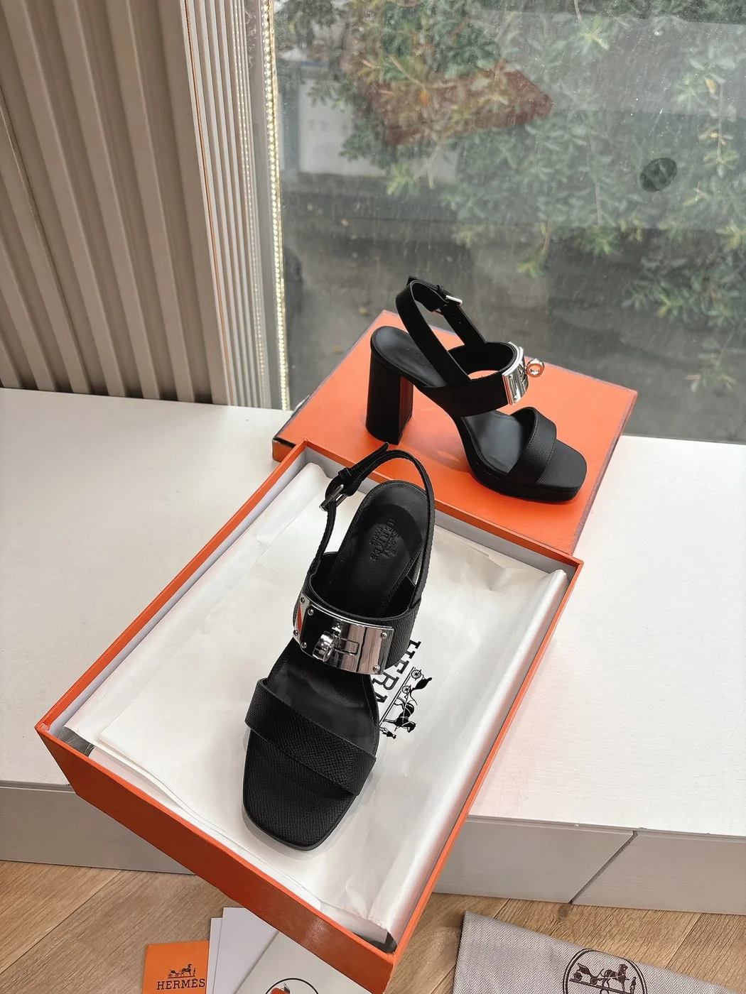 Hermès Women Black Leather Sandals — Wide-Strap Slingback product view 4