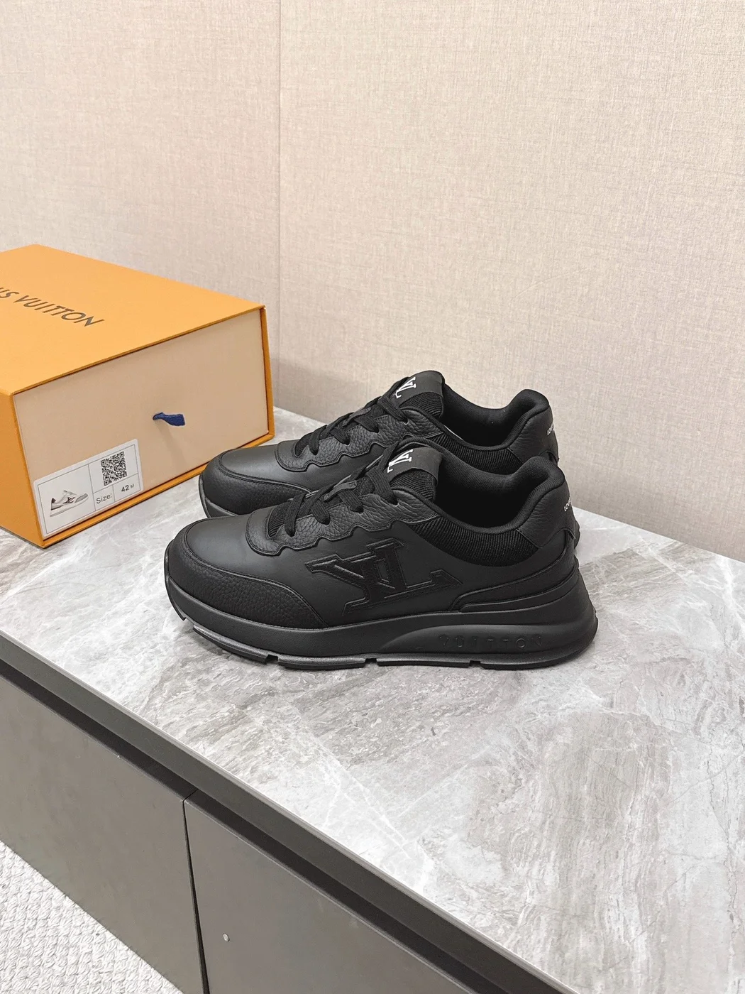 Louis Vuitton Women Black Leather Sneakers — Monogram Side Panels product view 5
