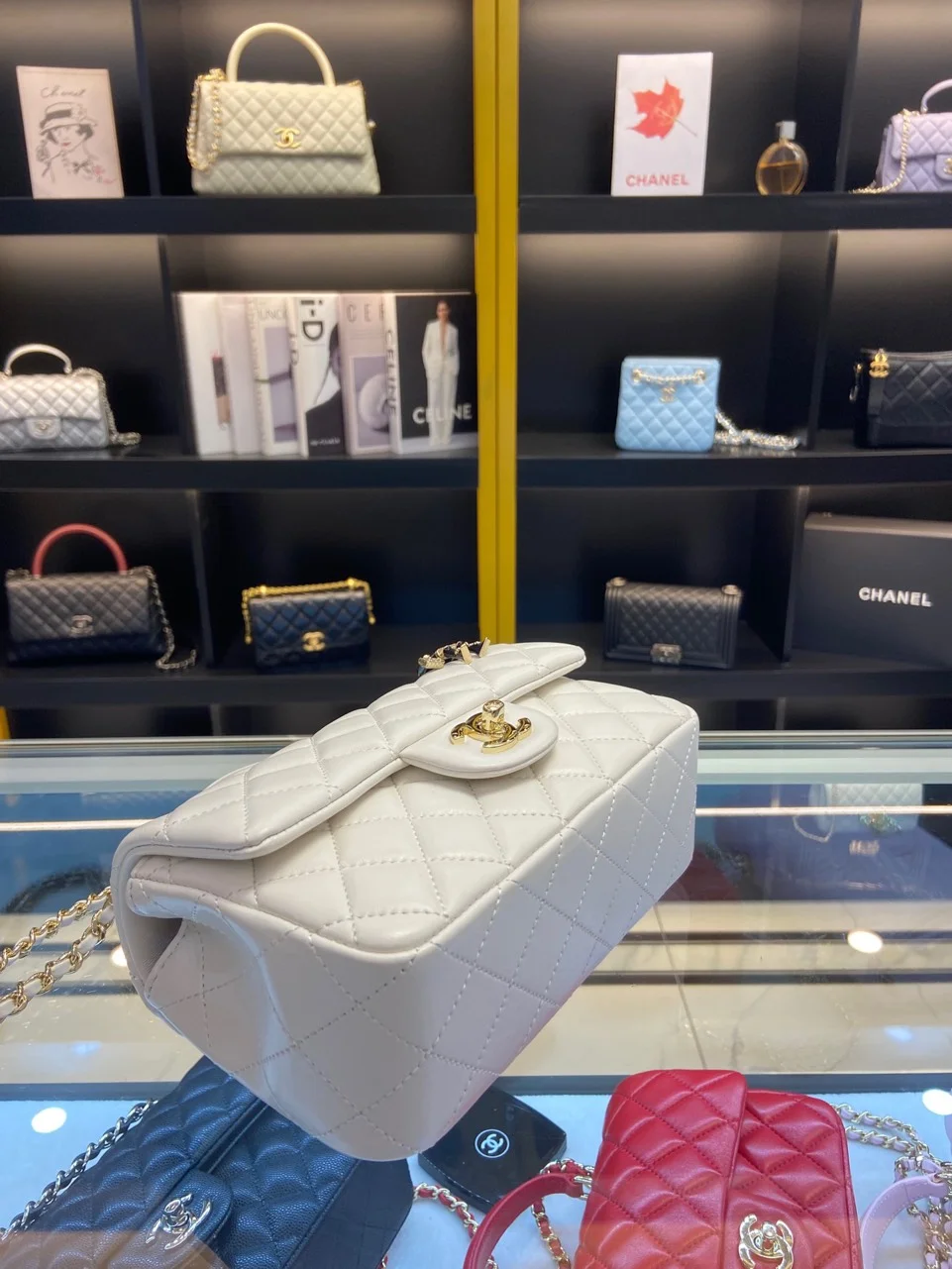 Chanel Handle Charm Handbags Lock Gold Demi White 20x12cm product view 8