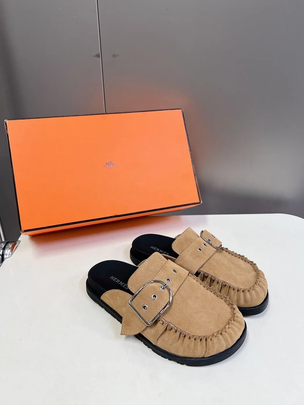 Hermès Women Suede Buckle Mules — Tan Brown product view 5