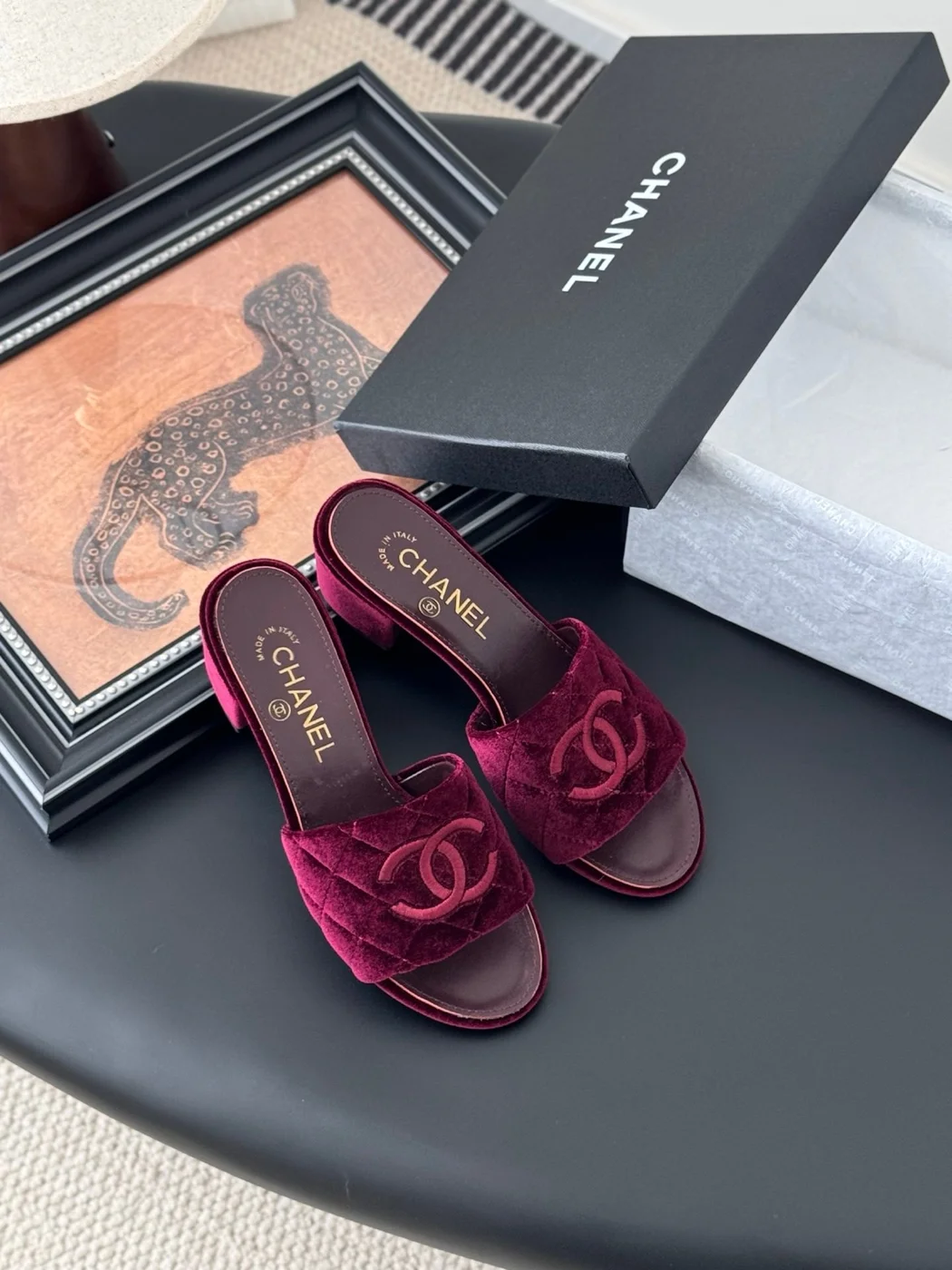 Chanel Women Burgundy Velvet Slide Sandals product view 6