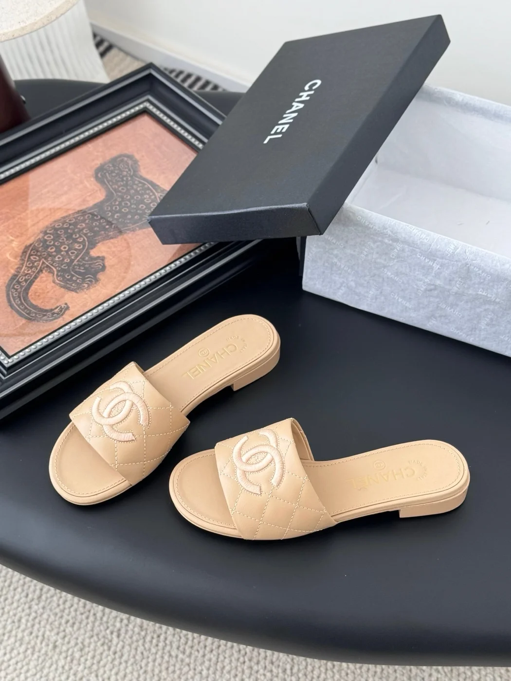 Chanel Women Beige Quilted Leather Slides — Tonal CC Detail product view 2