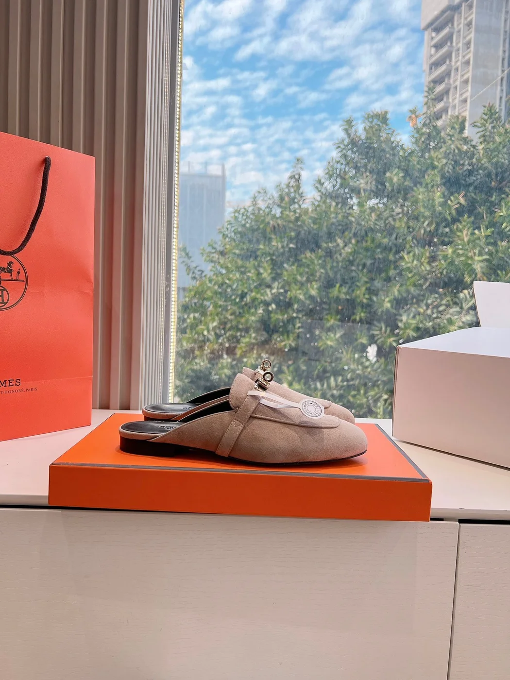 Hermès Women Beige Suede Mules — Metal-Bar Loafer Style product view 2