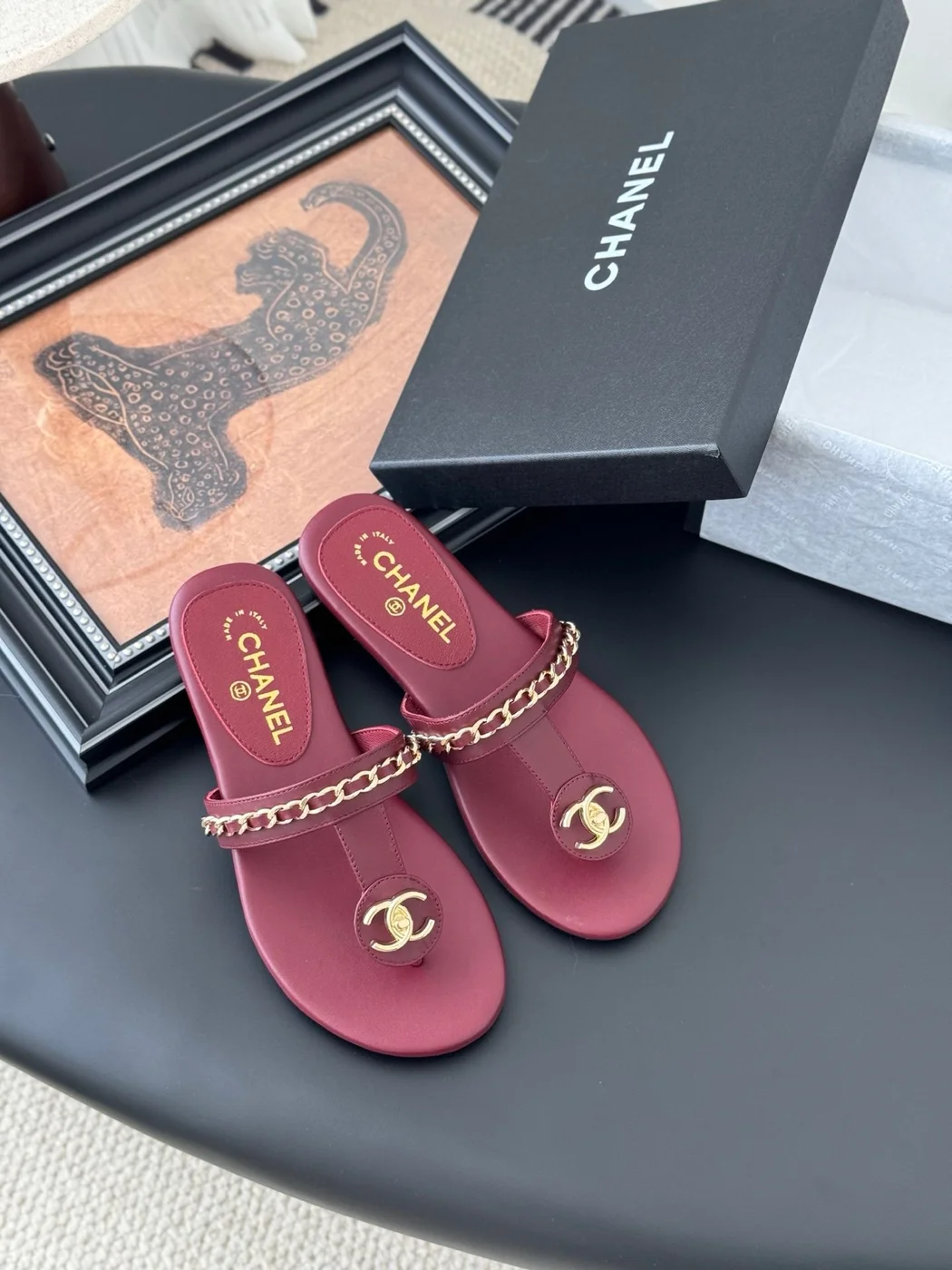 Chanel Women Burgundy Leather Chain Detail Slides product view 2