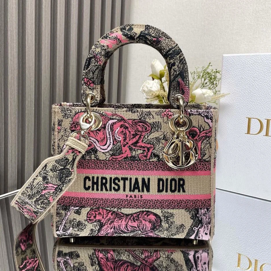 Dior Medium Dioriviera Lady D-Lite Bag — Black and Pink Pattern product view 1