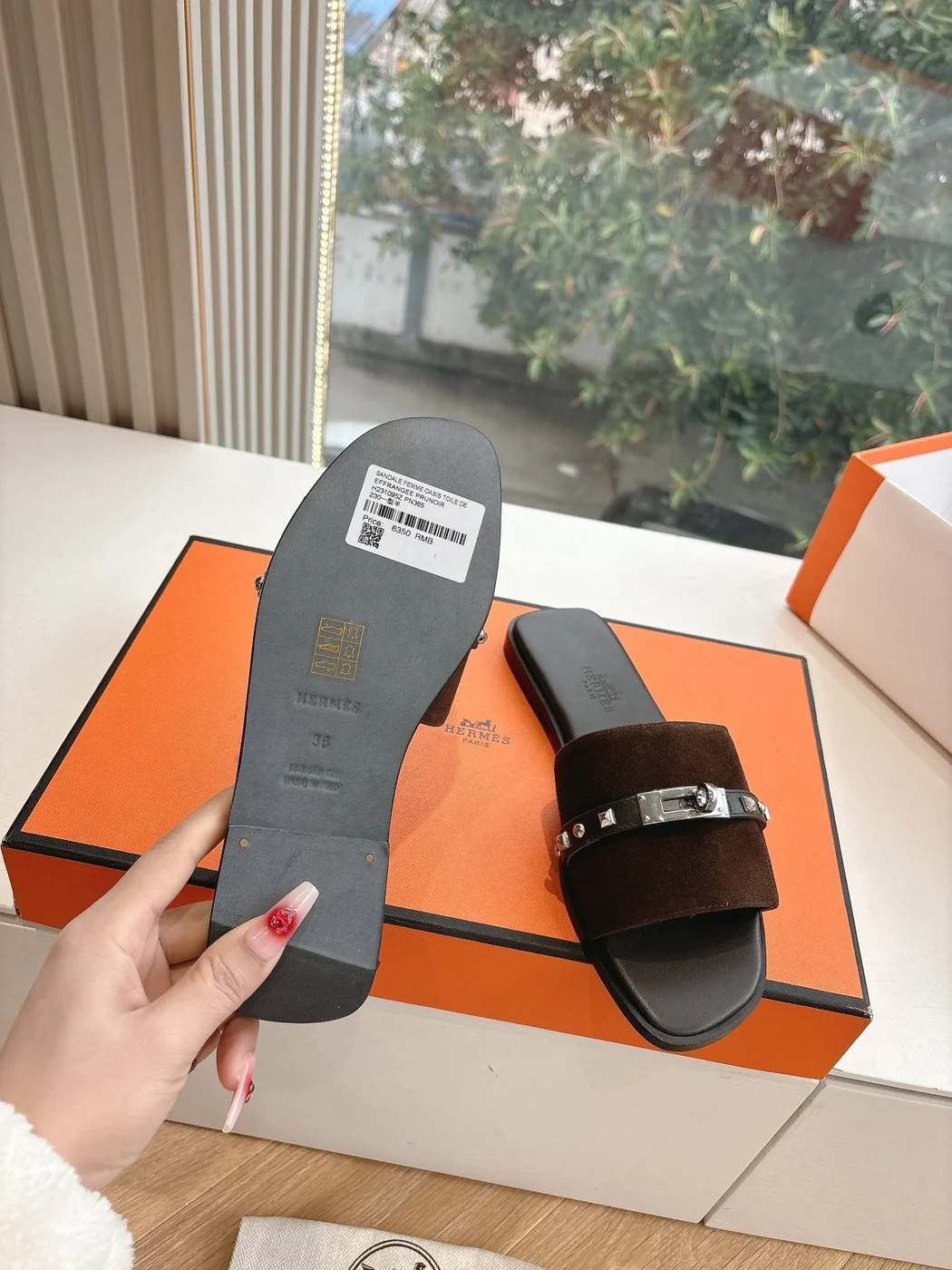 Hermès Women Dark Brown Suede Leather Strap Mules product view 2