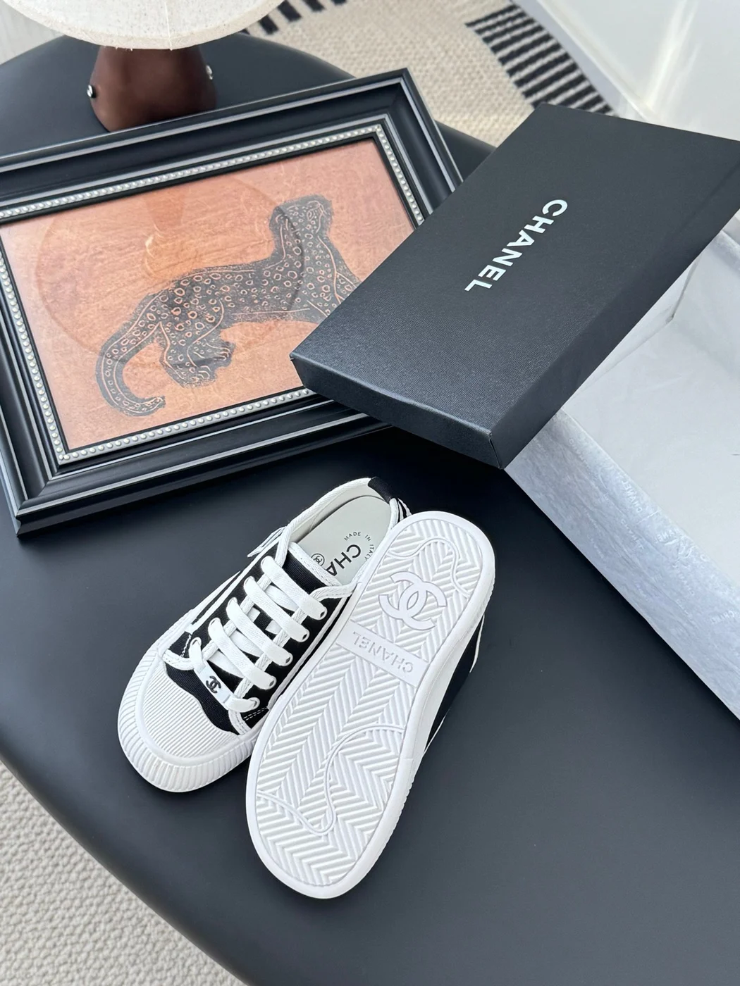 Chanel Women Black Canvas White Trim Sneakers product view 5