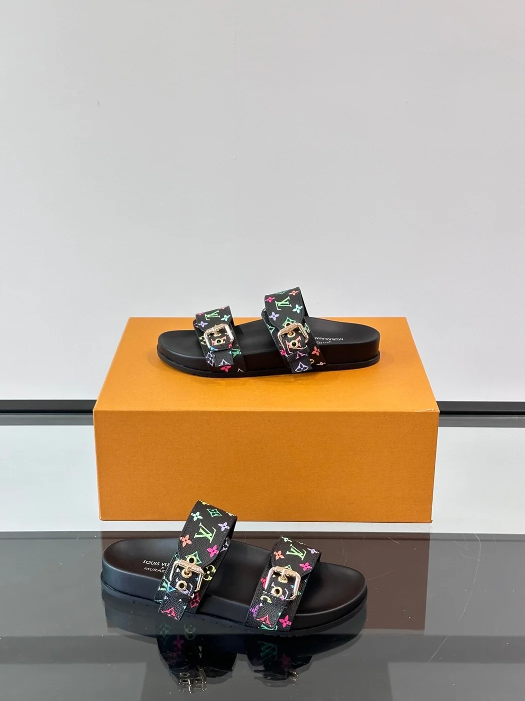 Louis Vuitton Men Black Leather Multicolor Monogram Slides product view 4