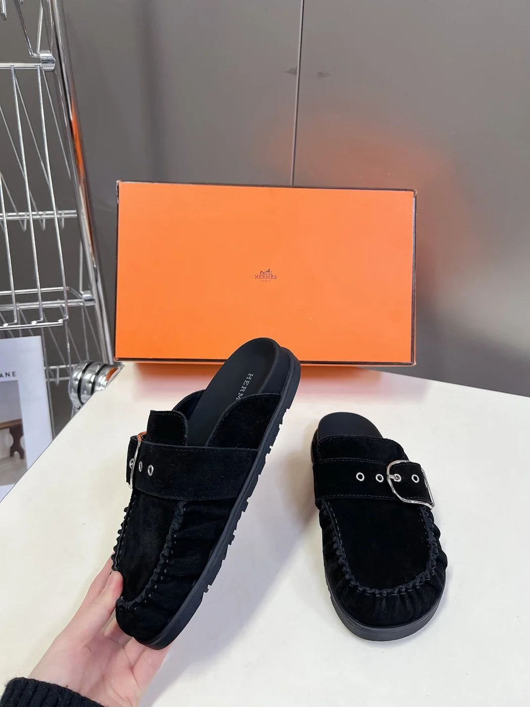 Hermès Women Black Suede Buckle Mules product view 3