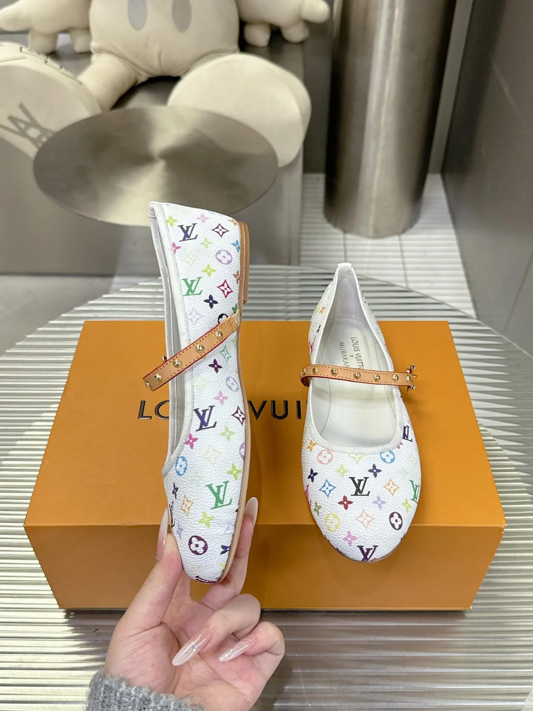 Louis Vuitton Women White Canvas Multicolor Print Leather Strap Flats product view 4