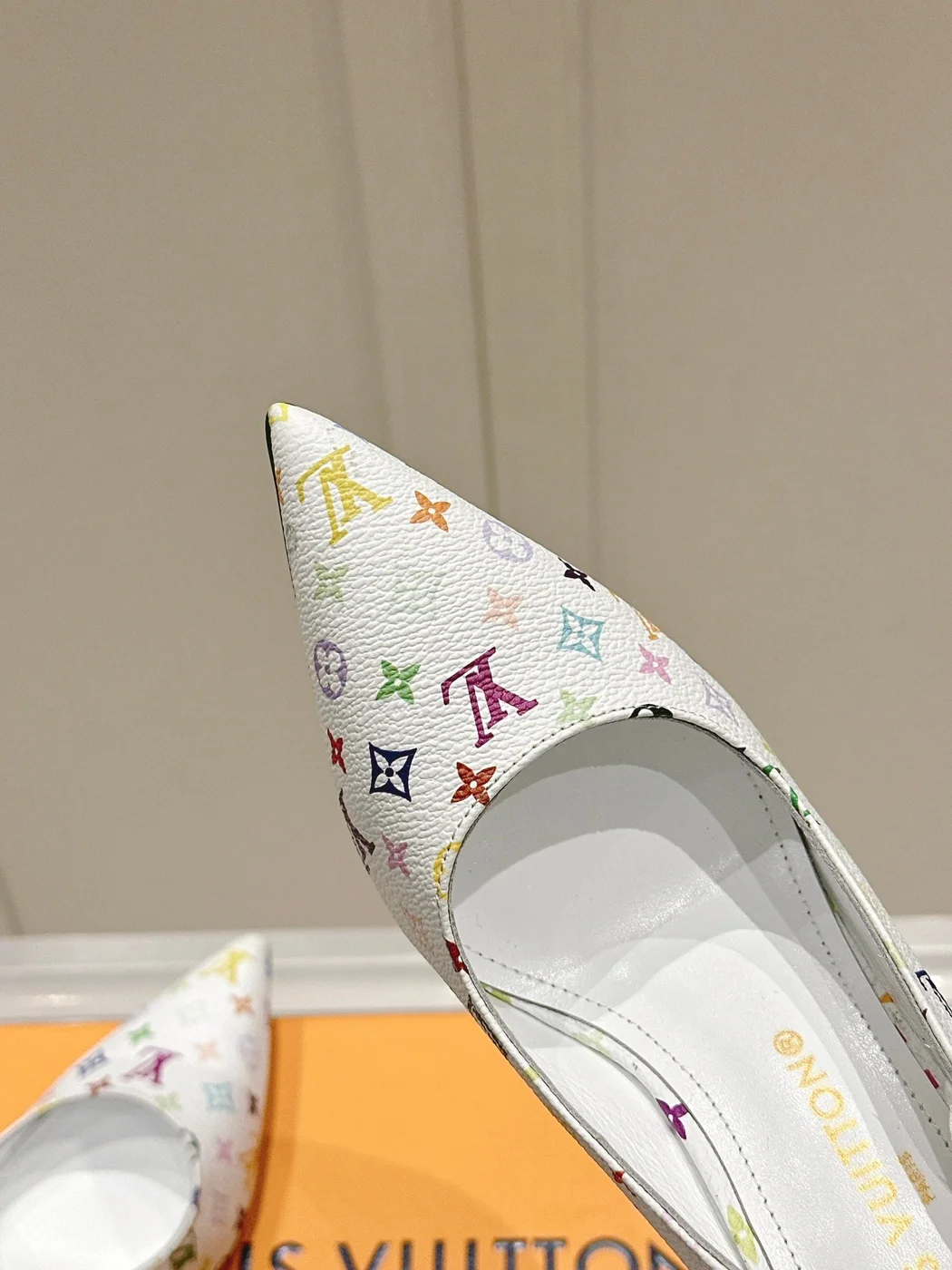 Louis Vuitton Women White Leather Multicolor Logo Heels product view 2