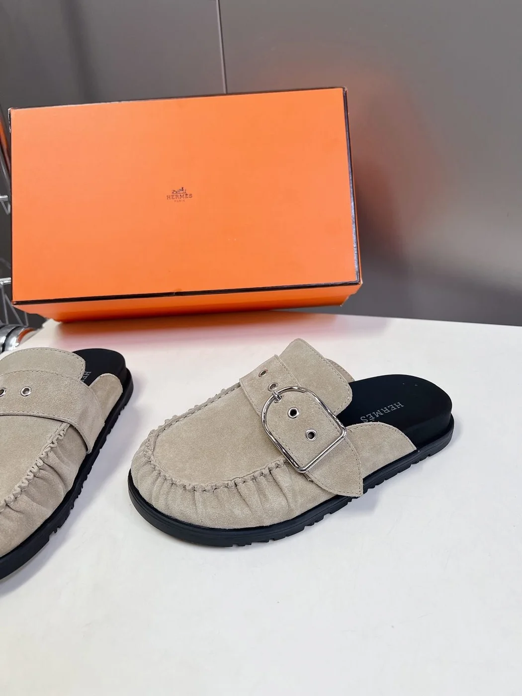 Hermès Women Suede Buckle Mules — Taupe product view 4