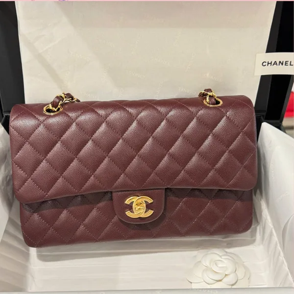 Chanel Classic Plum Red Color Handbags With Lock Gold 25 cm product photo