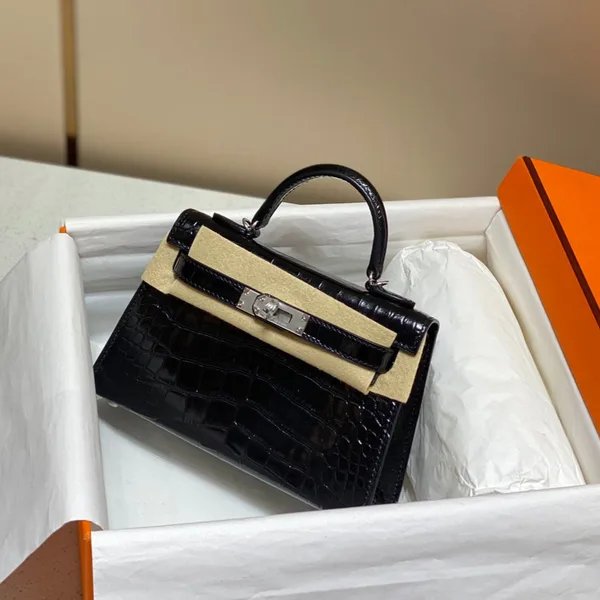 Hermès Mini Kelly In Black Crocodile Skin Silver Hardware Bag product photo