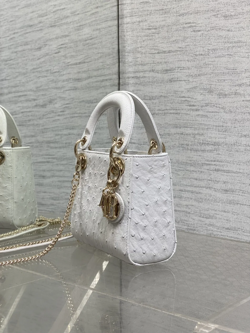 Dior Mini Lady Dior bag in white ostrich leather product view 5
