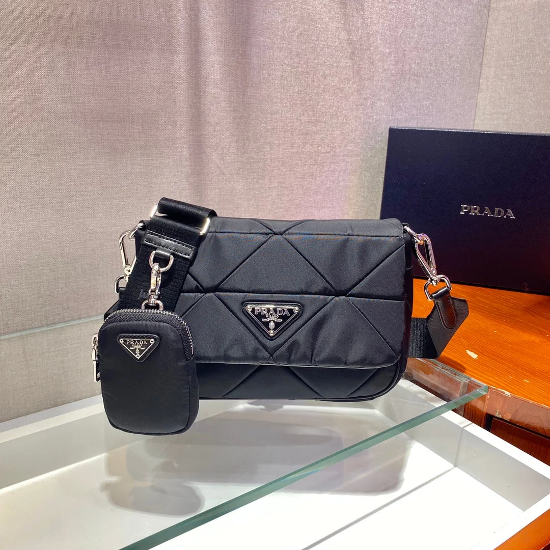 Prada Small Flap Bag 21 In Black Triangular Quilted Pattern Re-Nylon product view 1