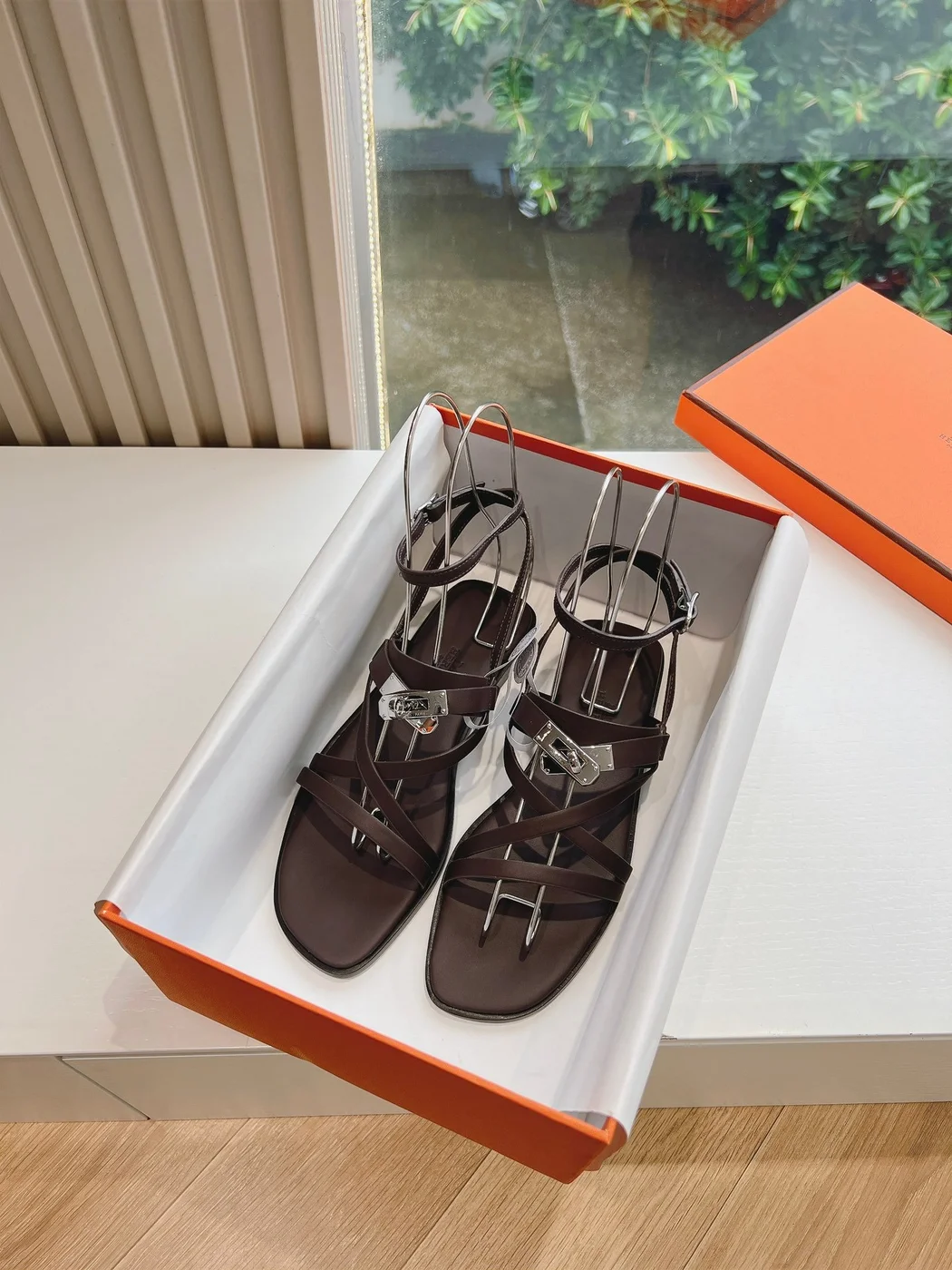 Hermès Women Dark Brown Leather Strappy Sandals product view 3