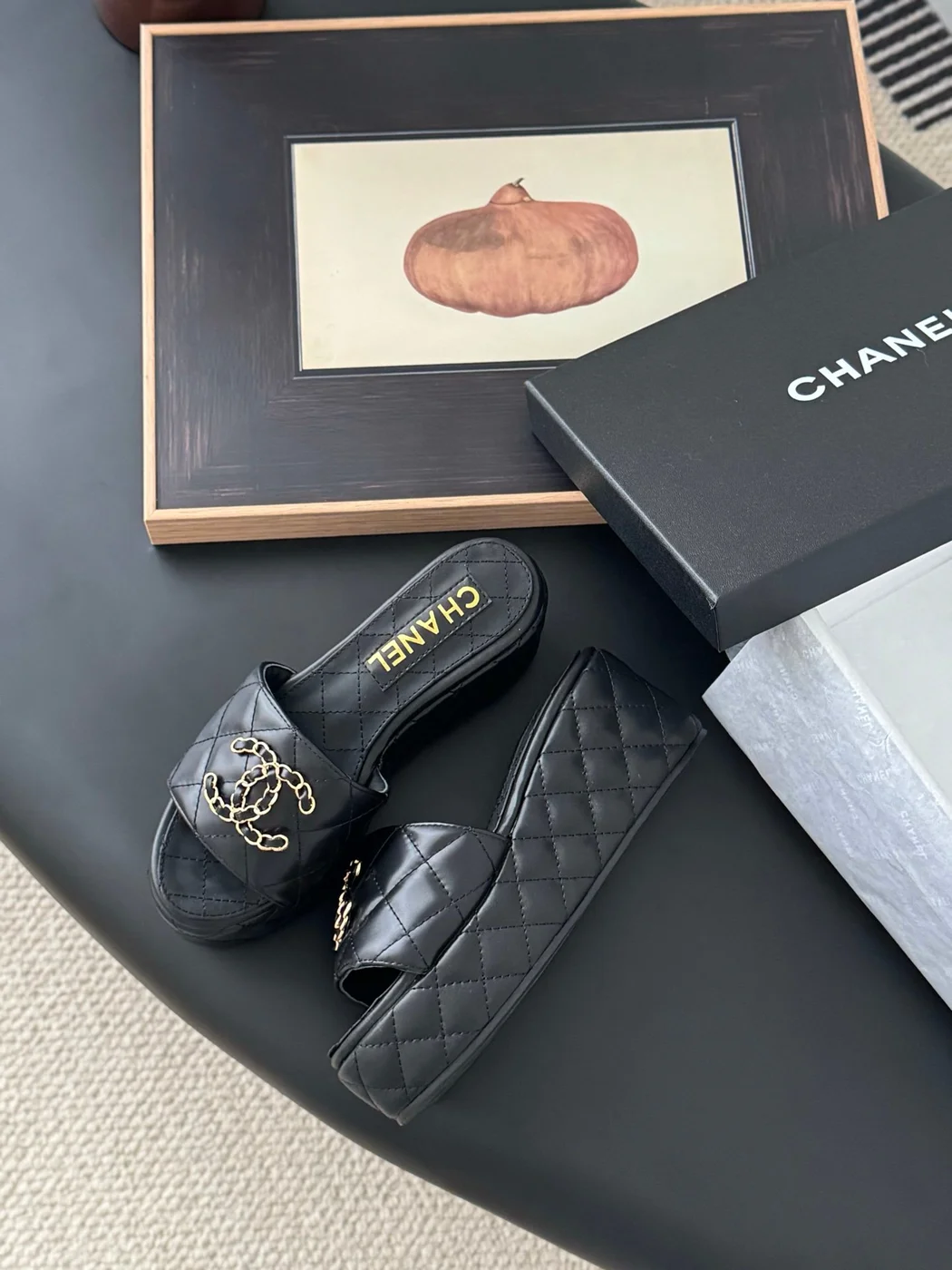 Chanel Women Black Leather Quilted Slides — Chain-Woven CC Detail product view 4