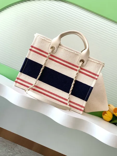 Chanel Shopping Bag 34 In White Red And Navy Blue Canvas product view 2