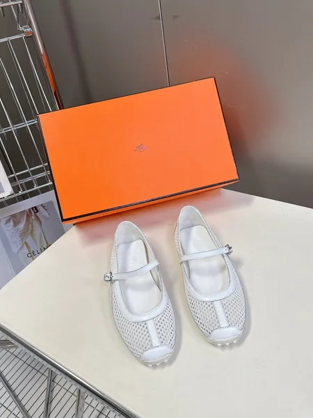 Hermès Women White Mesh Leather Mary Jane Flats product photo