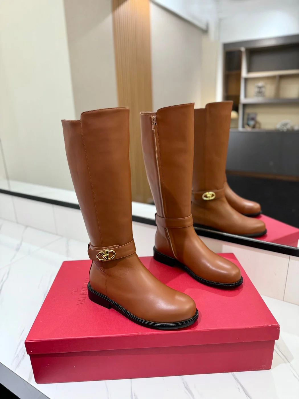 Valentino Women Brown Leather Knee High Boots — Ankle-Strap Detail product view 1