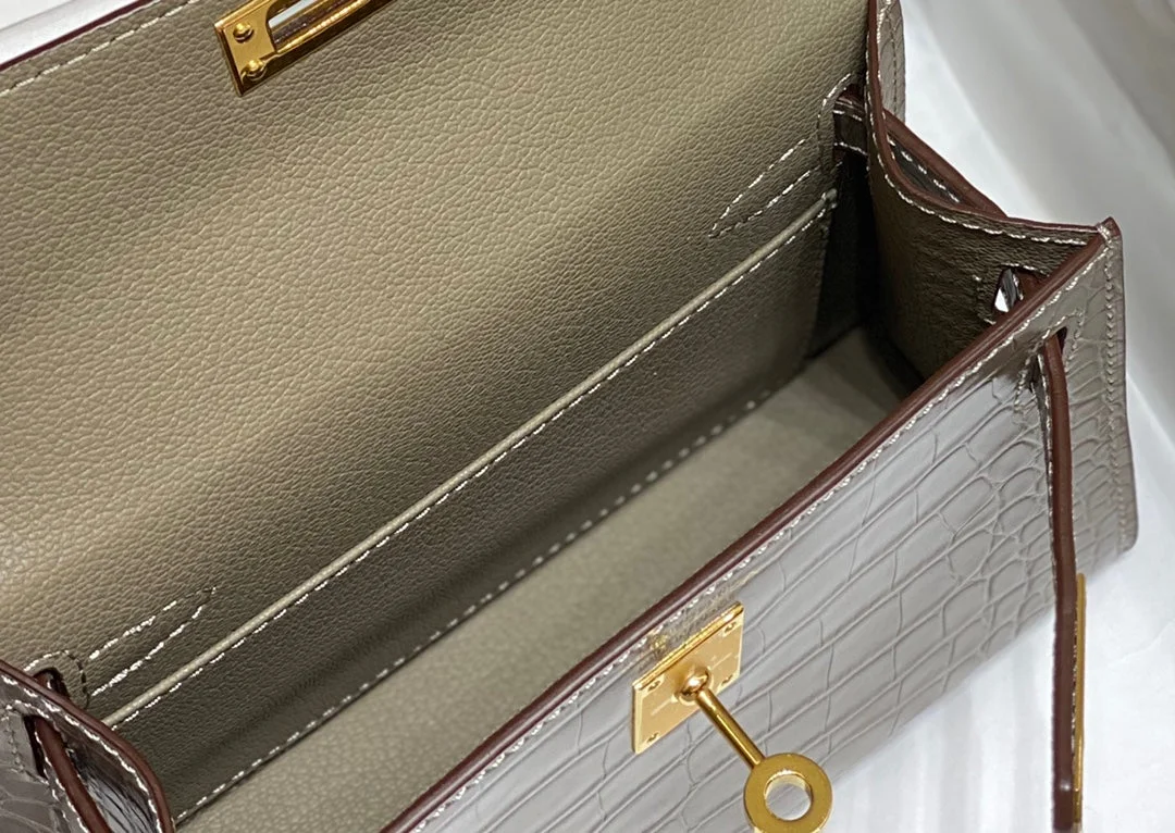 Hermès Mini Kelly In Mocha Brown Crocodile Skin Gold Hardware Bag product view 3