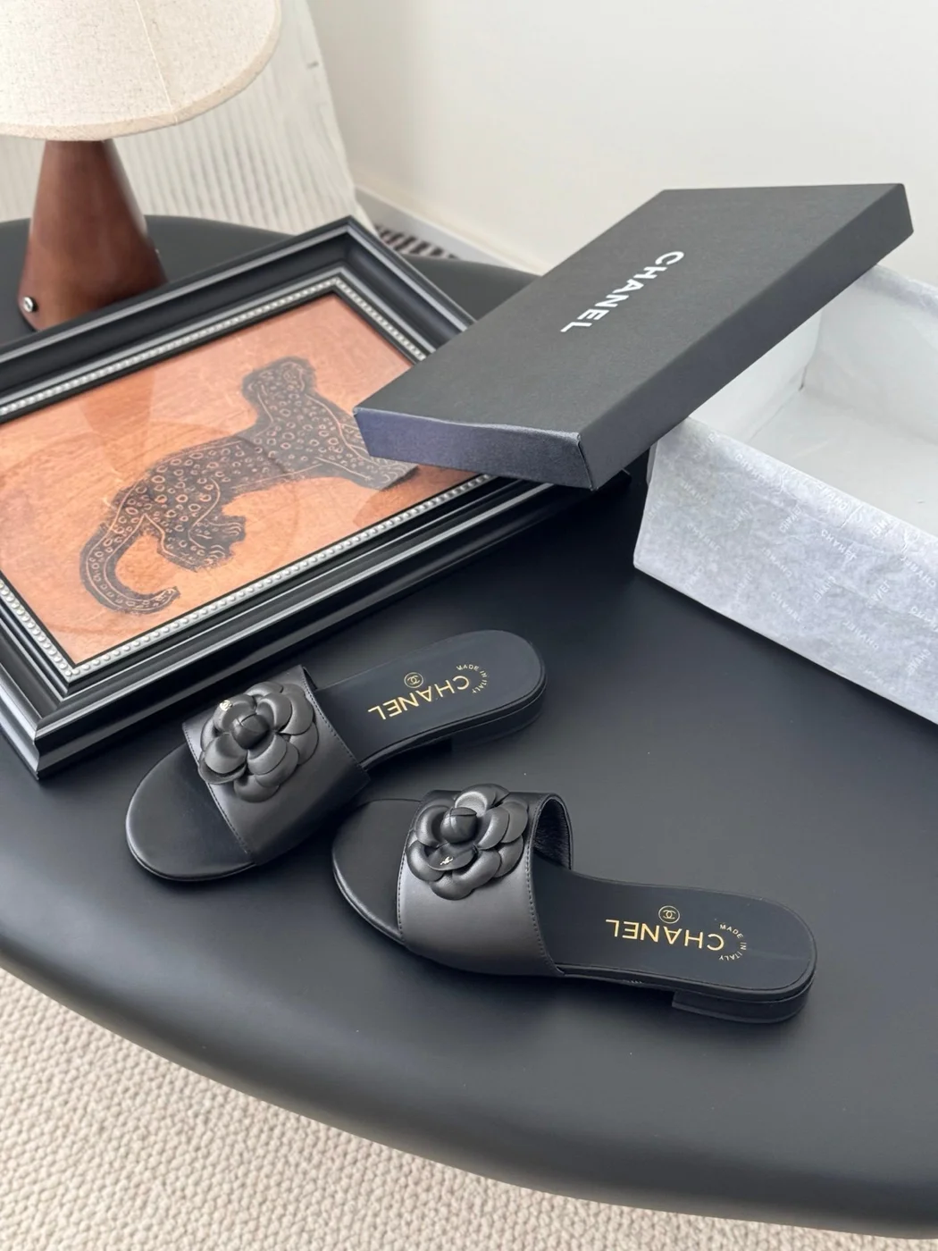 Chanel Women Black Leather Flower Detail Slides product view 2