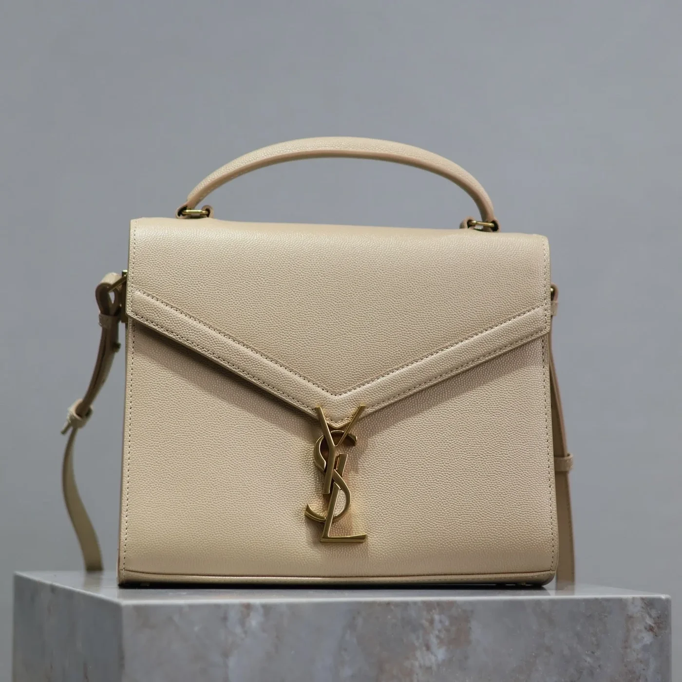 Saint Laurent Cassandra Top Handle Bag Medium In Beige Calfskin Gold Hardware product view 1