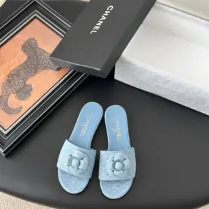 Chanel Women Light Blue Fabric Slides product photo