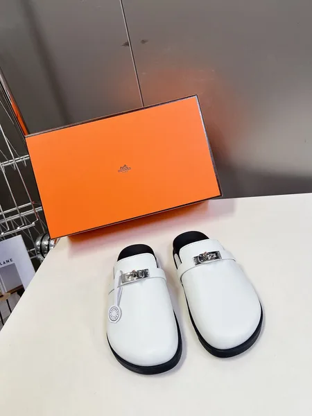 Hermès Women White Leather Mules — Rounded Toe with Black Sole product photo