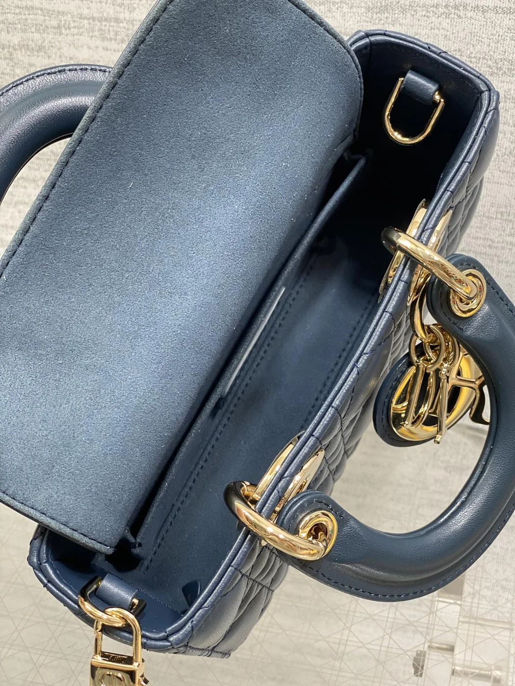 Dior Small Lady D‑Joy Bag 19 In Dark Blue Cannage Gold Hardware product view 5