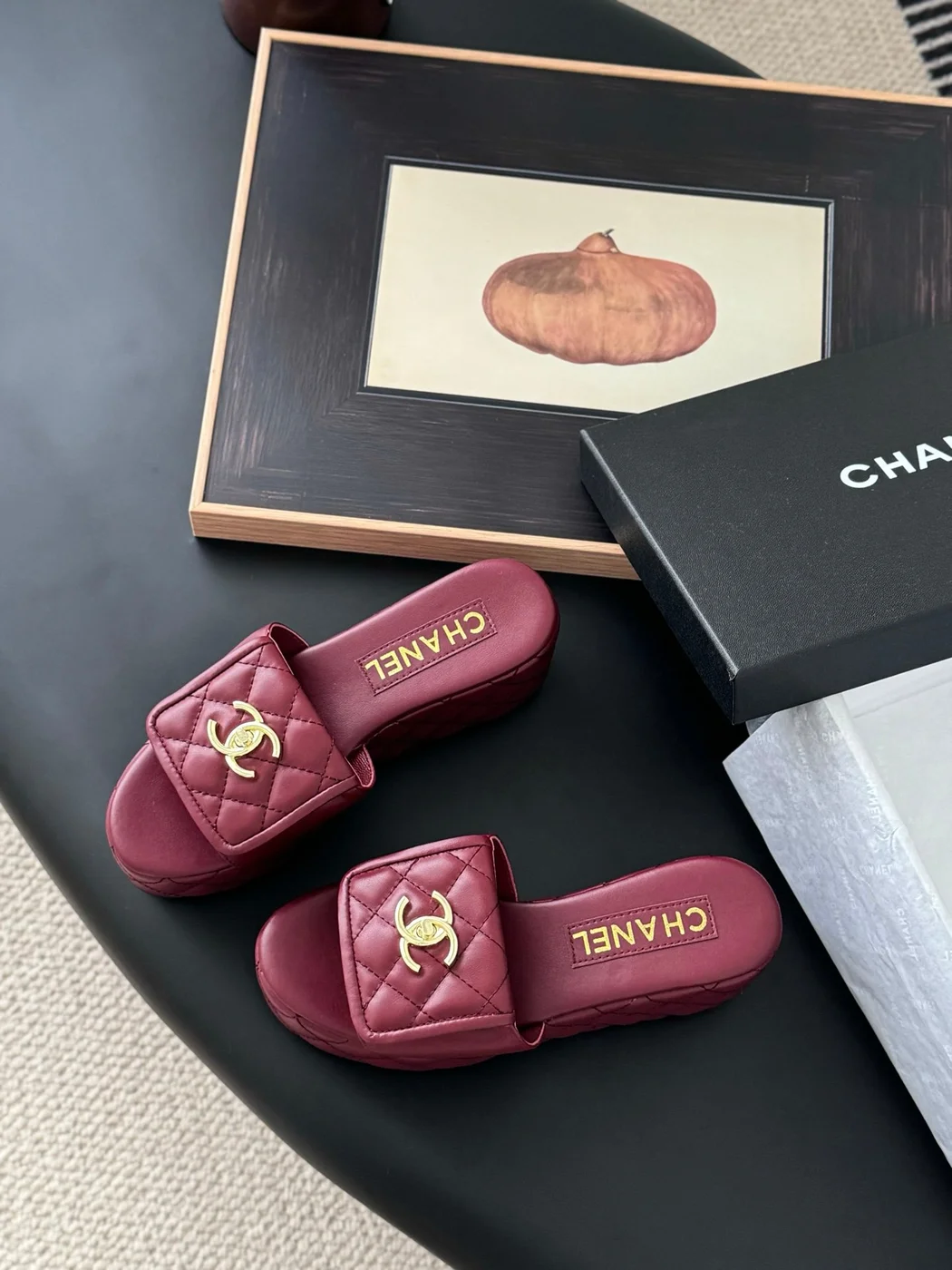 Chanel Women Burgundy Quilted Leather Slides — Gold-Tone CC Detail product view 6