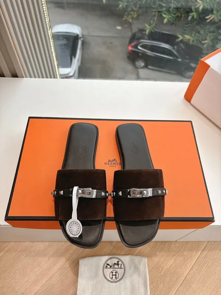 Hermès Women Dark Brown Suede Leather Strap Mules product photo
