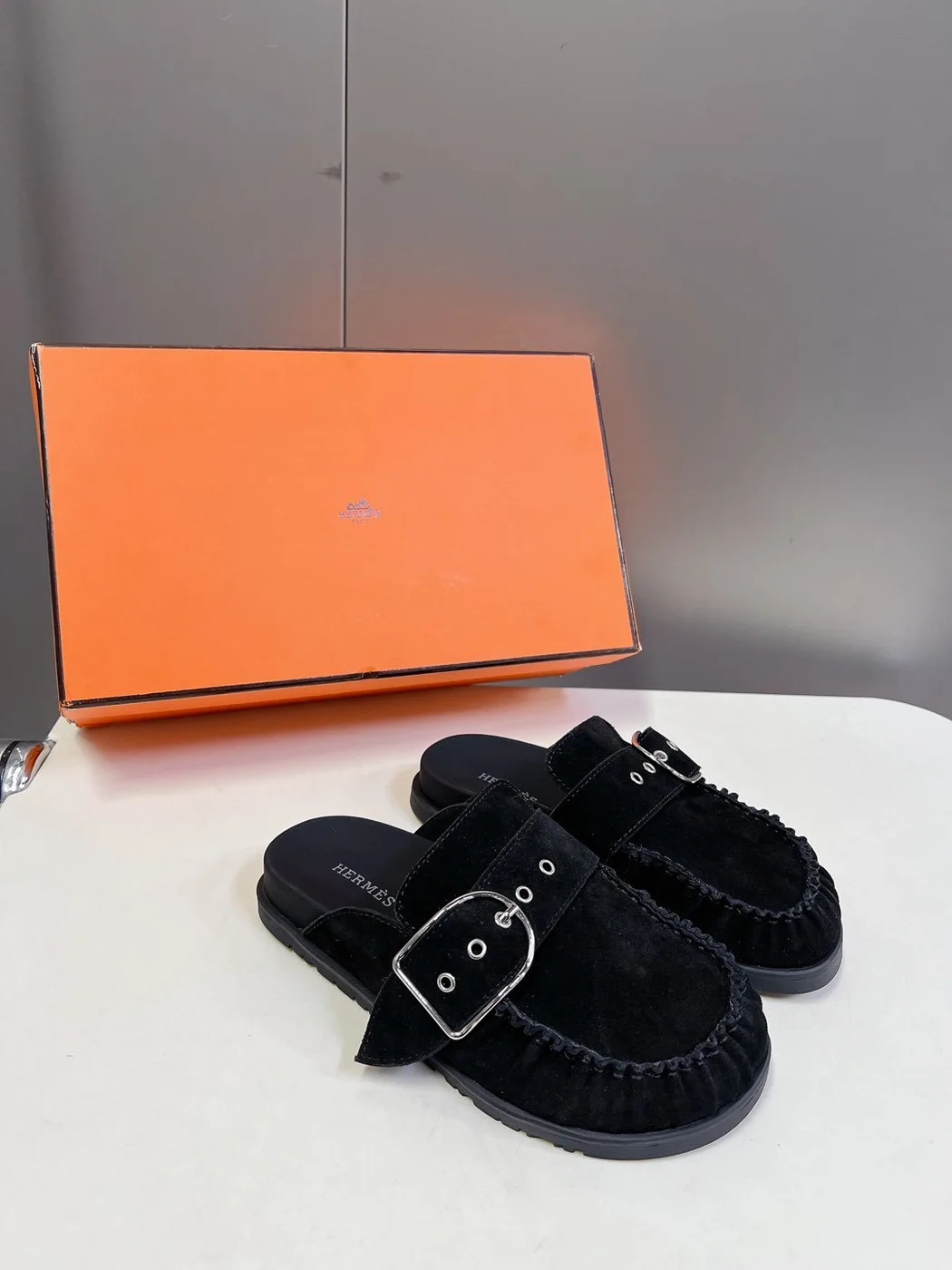 Hermès Women Black Suede Buckle Mules product view 5